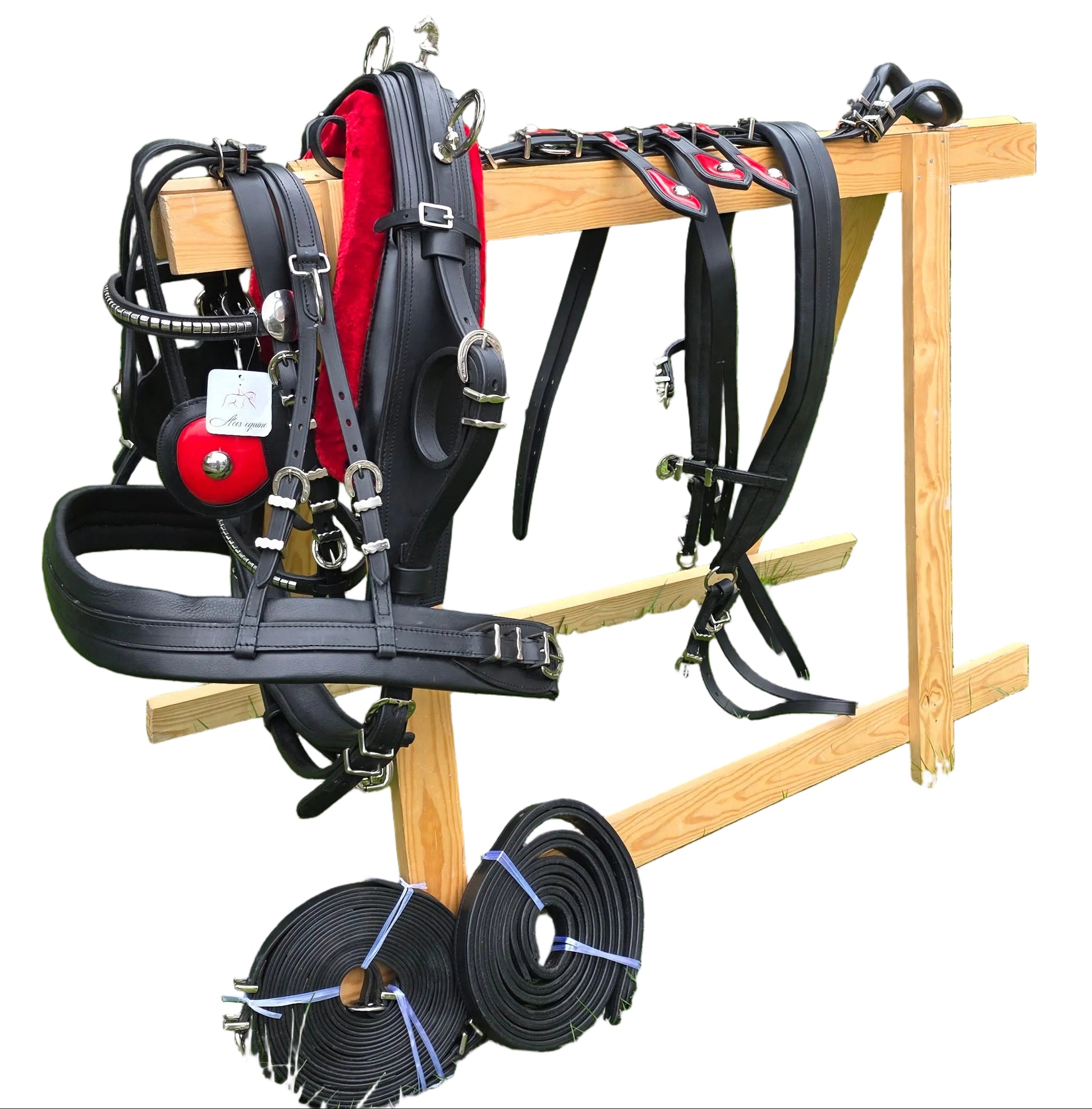Leather Tiedown Driving Cart Harness Black And Red 