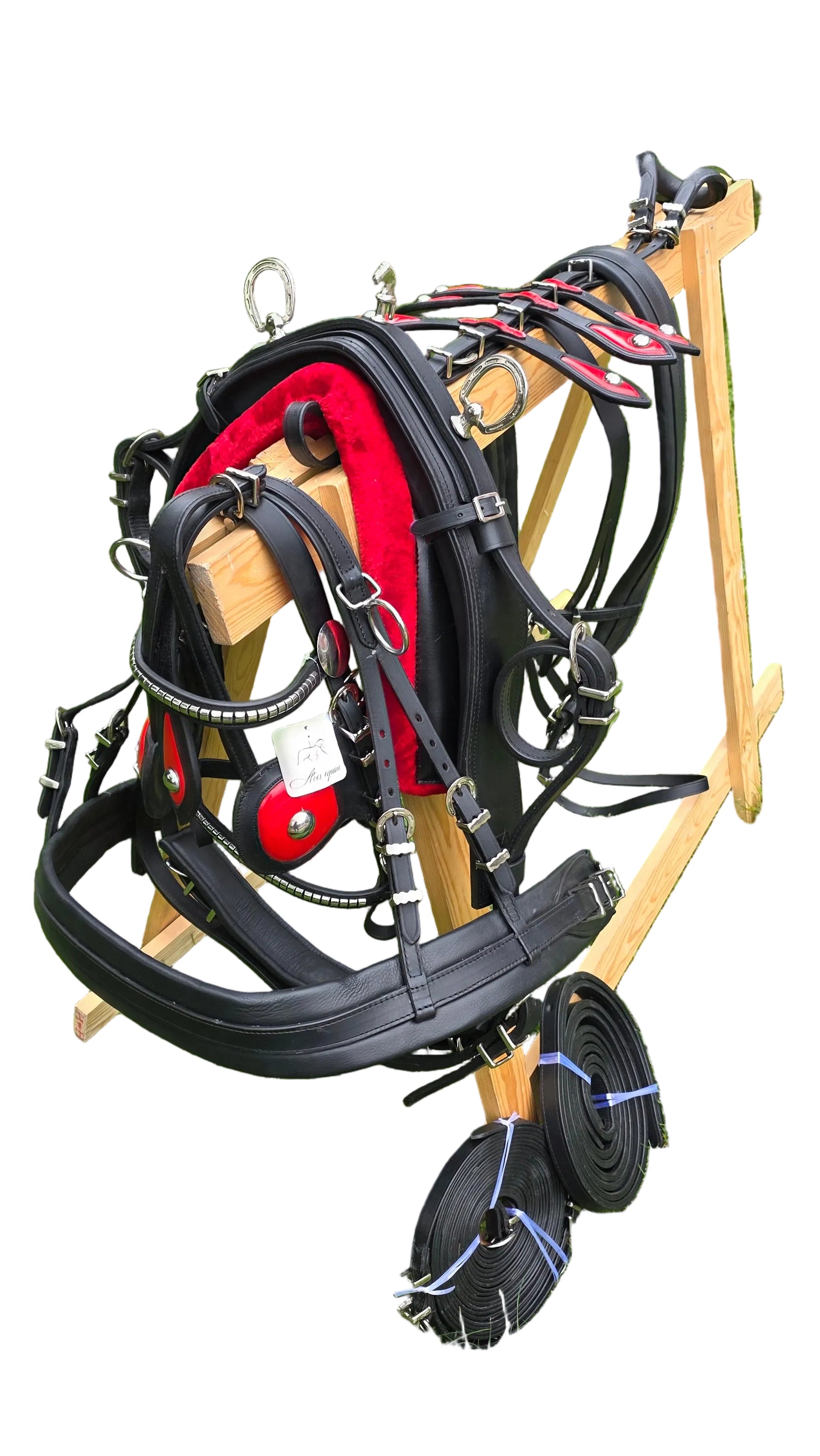 Leather Tiedown Driving Cart Harness Black And Red 