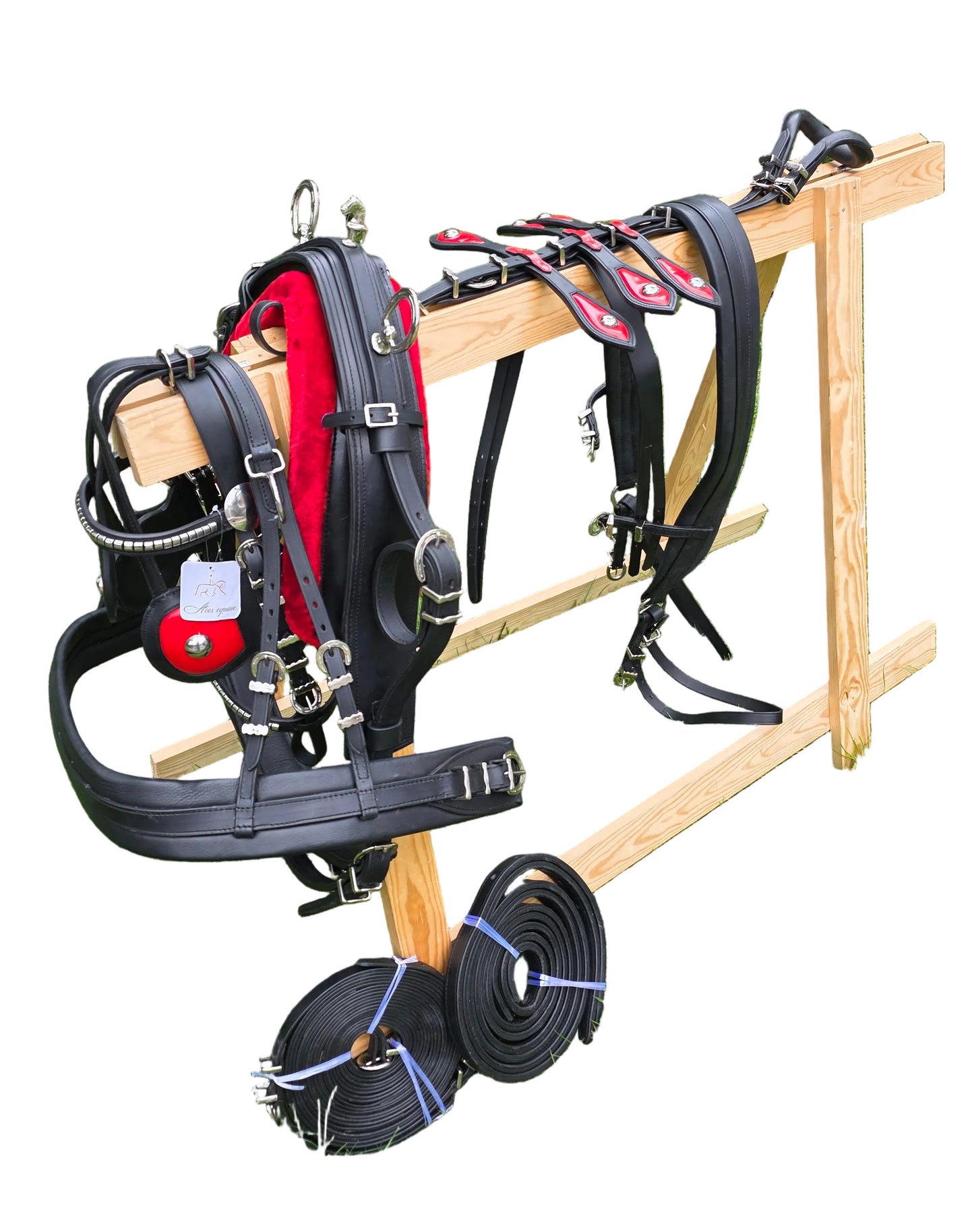 Leather Tiedown Driving Cart Harness Black And Red 