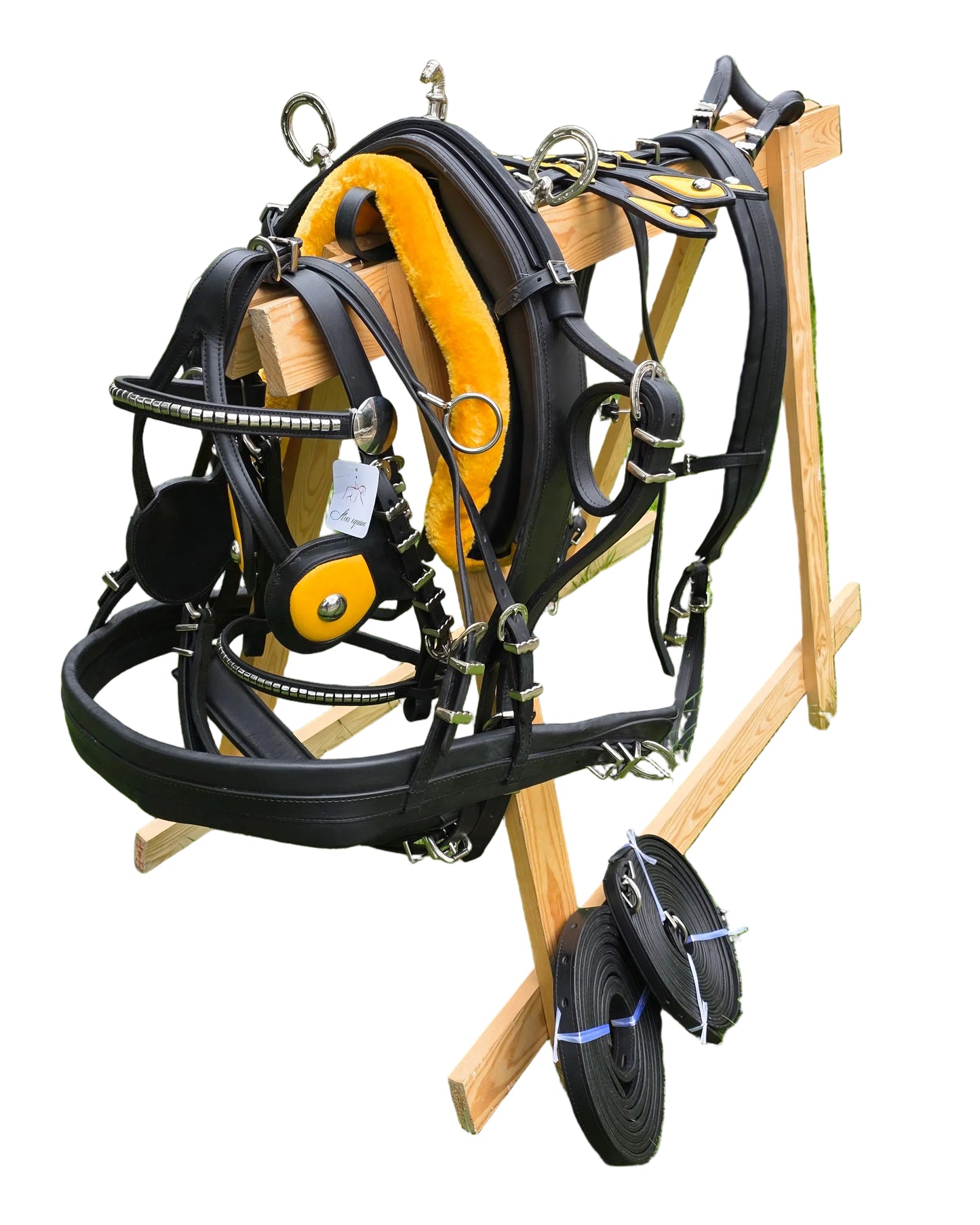 Leather Tiedown Driving Cart Harness Black And Yellow 