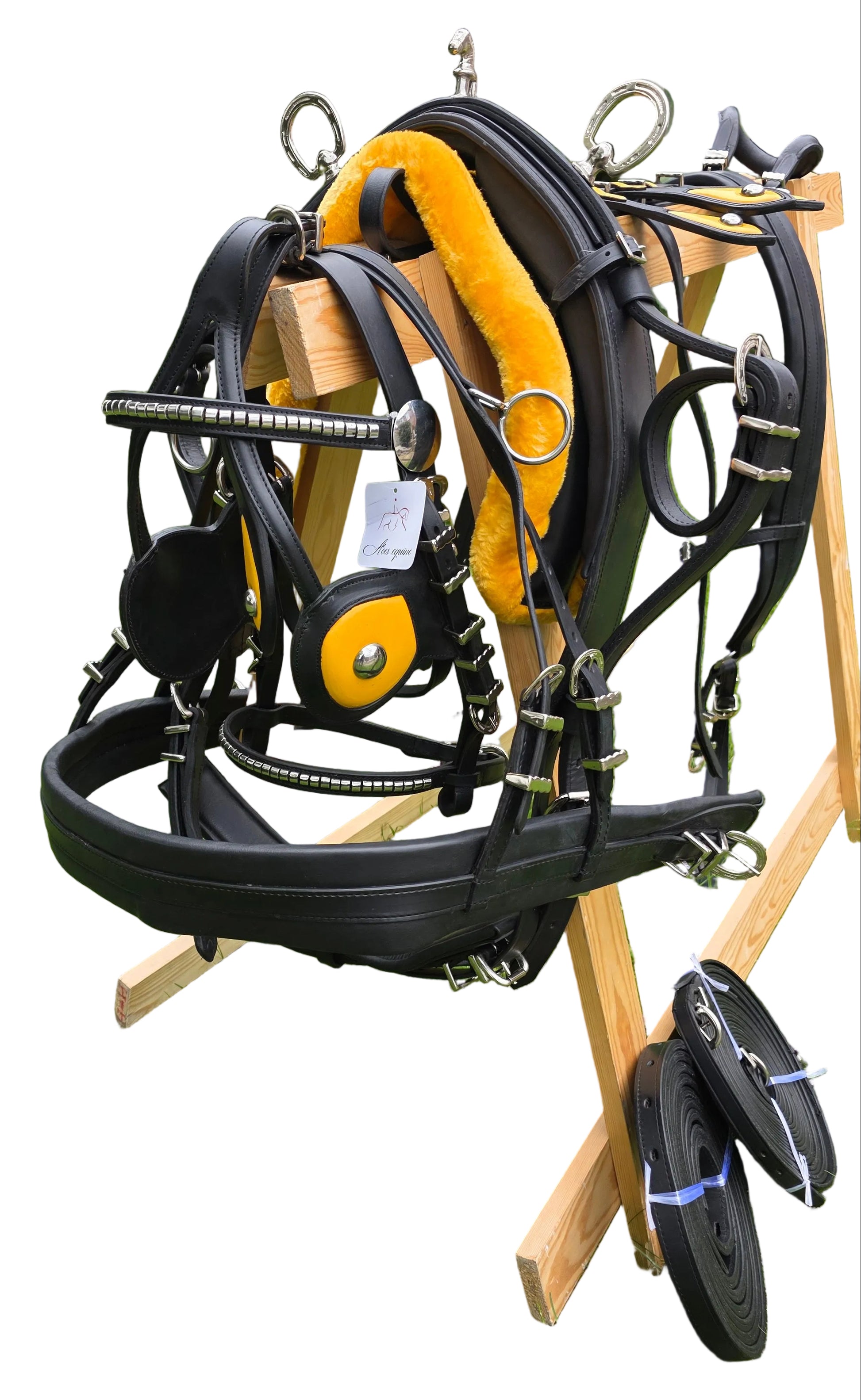Leather Tiedown Driving Cart Harness Black And Yellow 