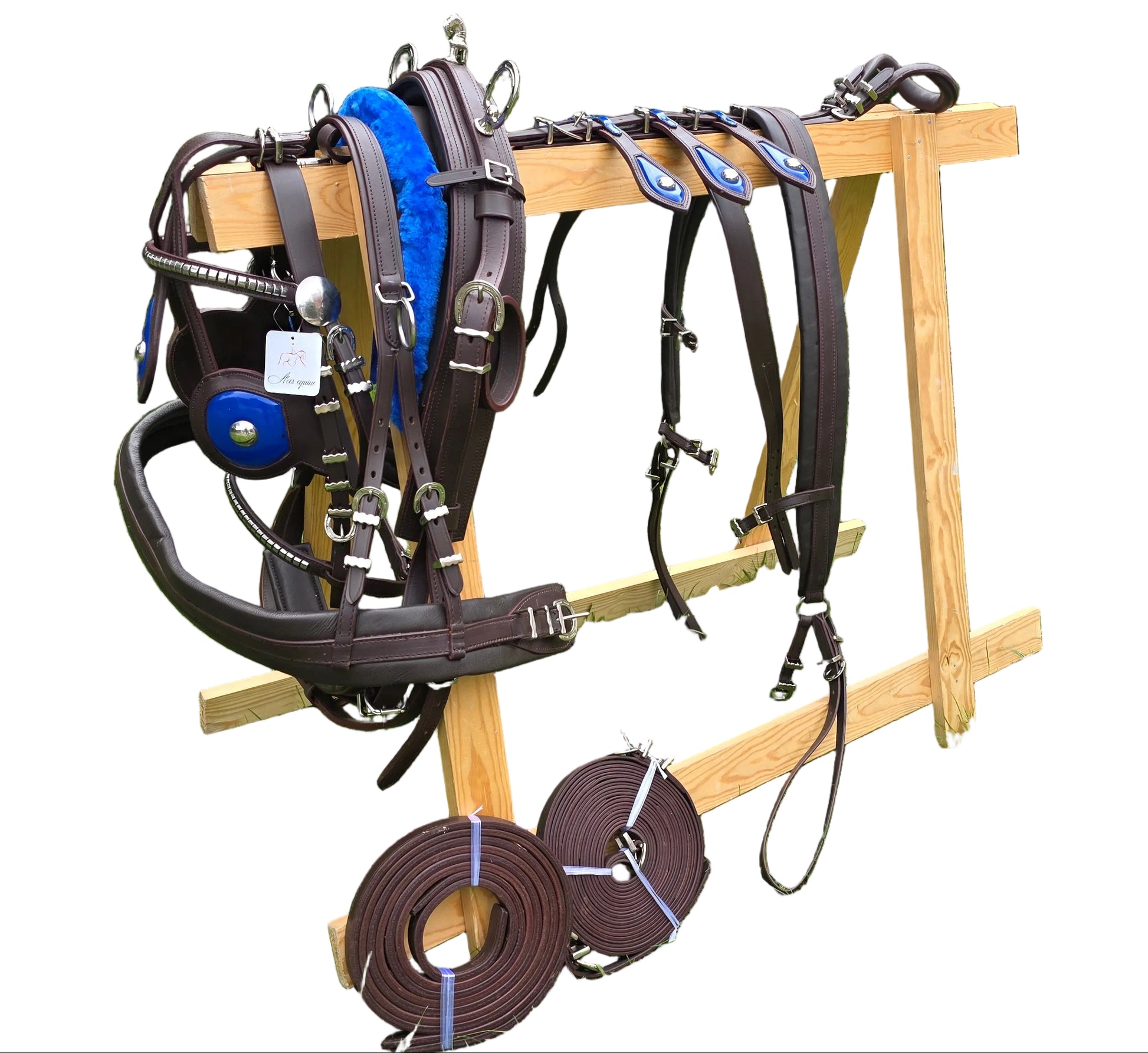 Leather Tiedown Driving Cart Harness Brown And Blue