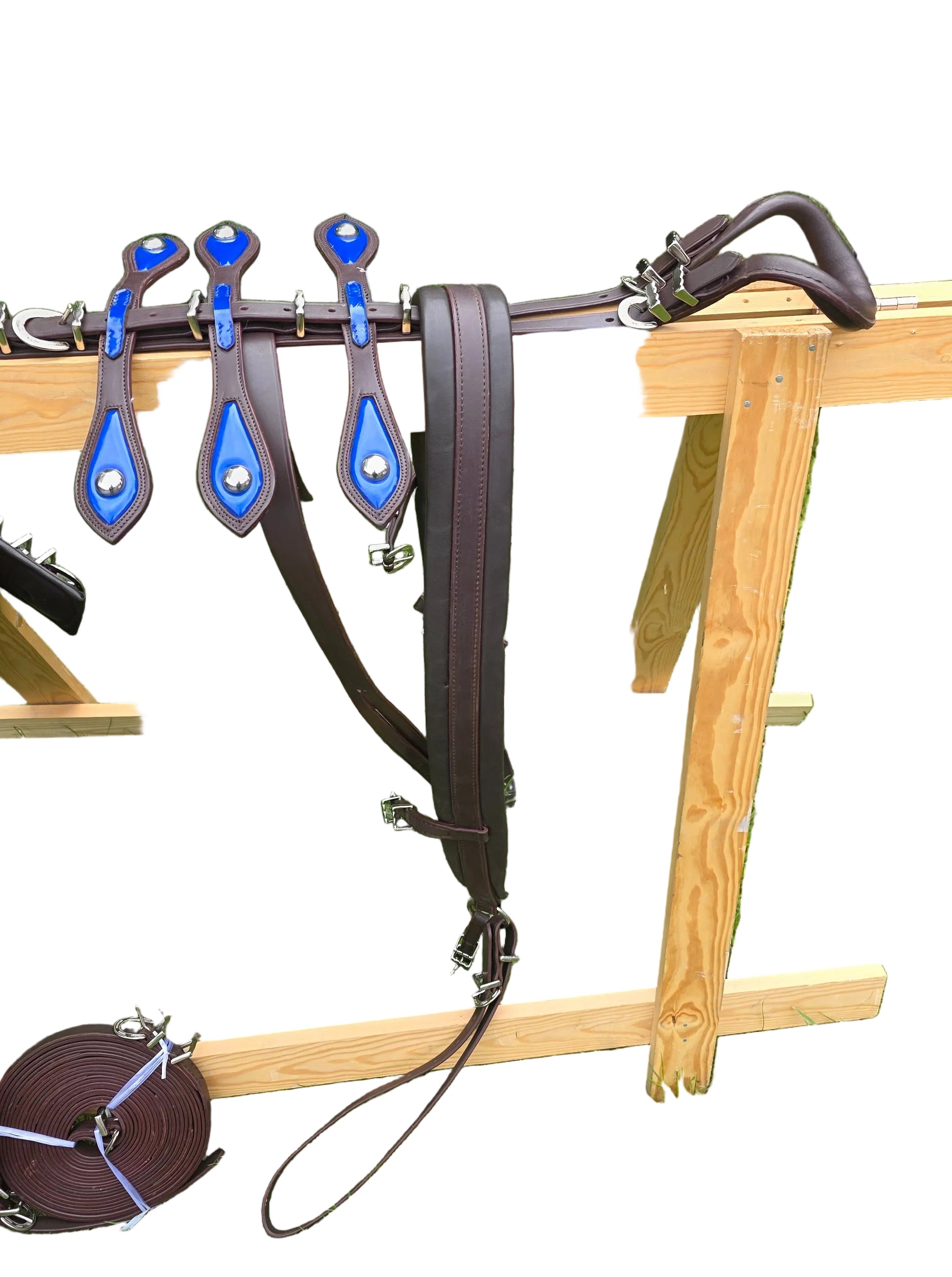 Leather Tiedown Driving Cart Harness Brown And Blue