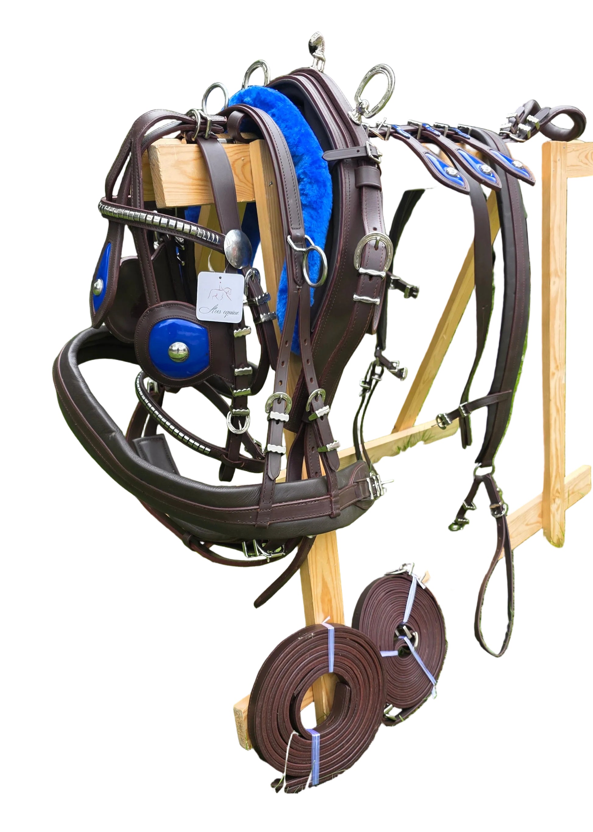 Leather Tiedown Driving Cart Harness Brown And Blue