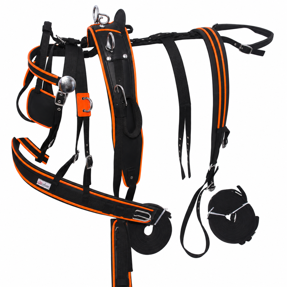 Nylon Driving Harness Set with Breeching Black and Orange for Pony Cob and Shetland 