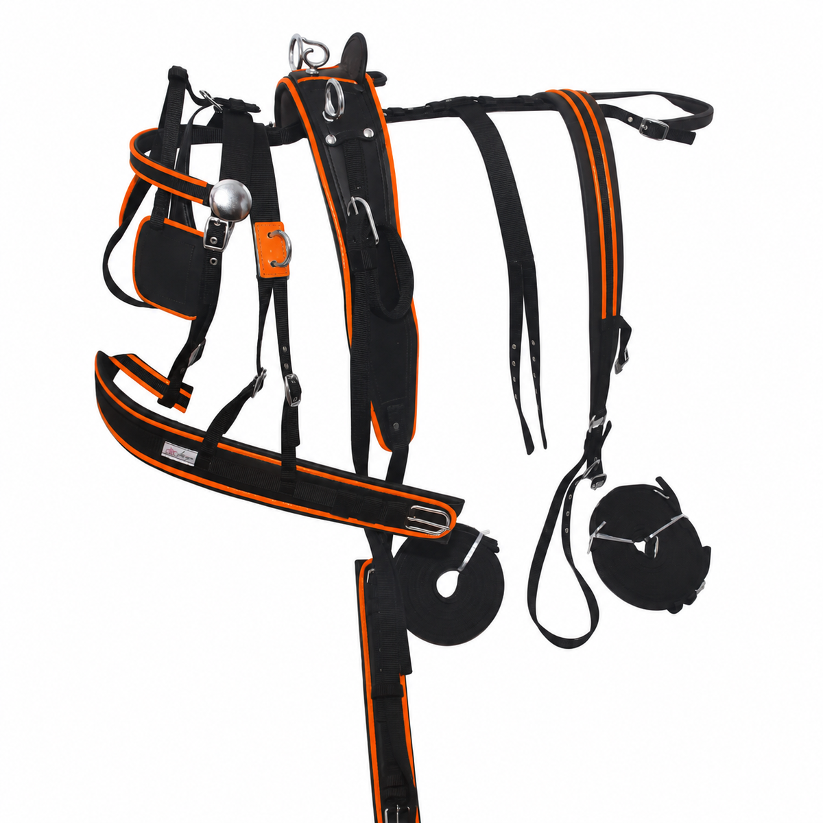 Nylon Driving Harness Set with Breeching Black and Orange for Pony Cob and Shetland 
