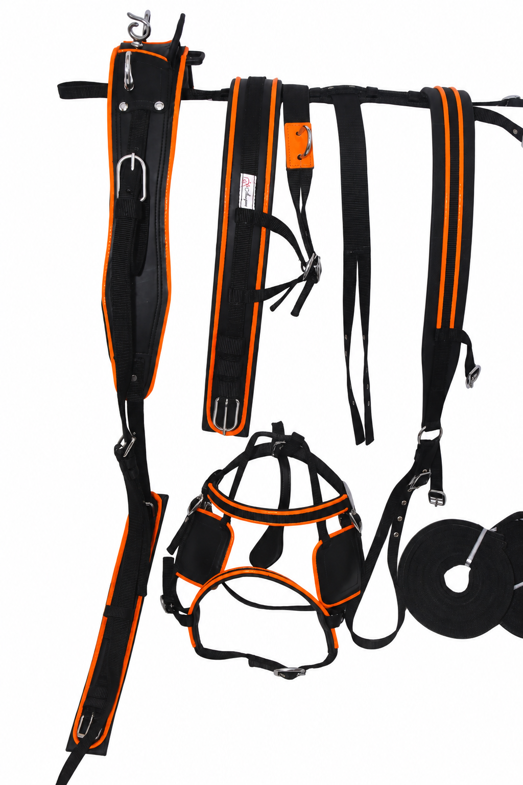 Nylon Driving Harness Set with Breeching Black and Orange for Pony Cob and Shetland 