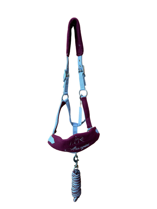 Nylon Horse Halter Headcollar With Free Rope Lead Anti Pilling Fleece Grey And Maroon