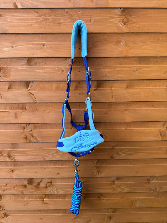 Nylon Horse Halter Headcollar With Free Rope Lead Anti Pilling Fleece Light And Dark Blue