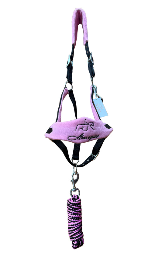 Nylon Horse Halter Headcollar With Free Rope Lead Anti Pilling Fleece Pink and Black