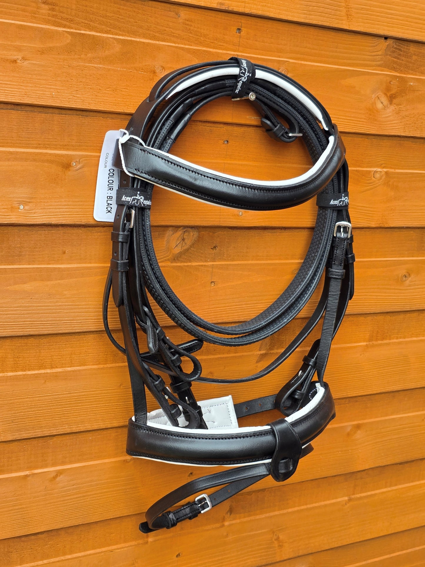 Premium Comfort Horse Bridle Black And White Padded 1.5 Inch Noseband with Rubber Grip Reins and Detachable Flash