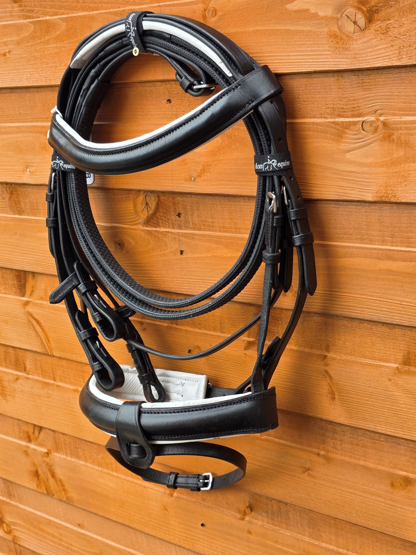 Premium Comfort Horse Bridle Black And White Padded 1.5 Inch Noseband with Rubber Grip Reins and Detachable Flash