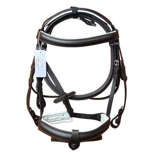 Premium Comfort Horse Bridle Black And White Padded 1.5 Inch Noseband with Rubber Grip Reins and Detachable Flash