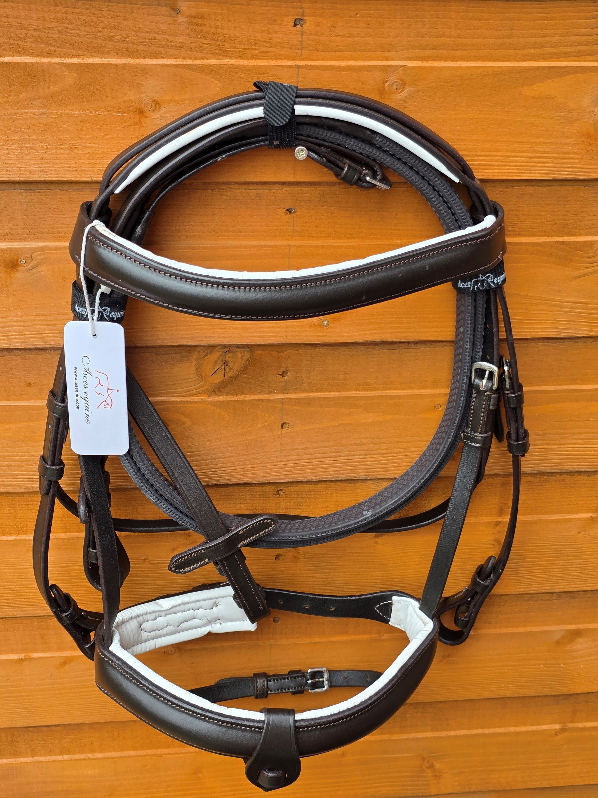 Premium Comfort Horse Bridle Black And White Padded 1.5 Inch Noseband with Rubber Grip Reins and Detachable Flash