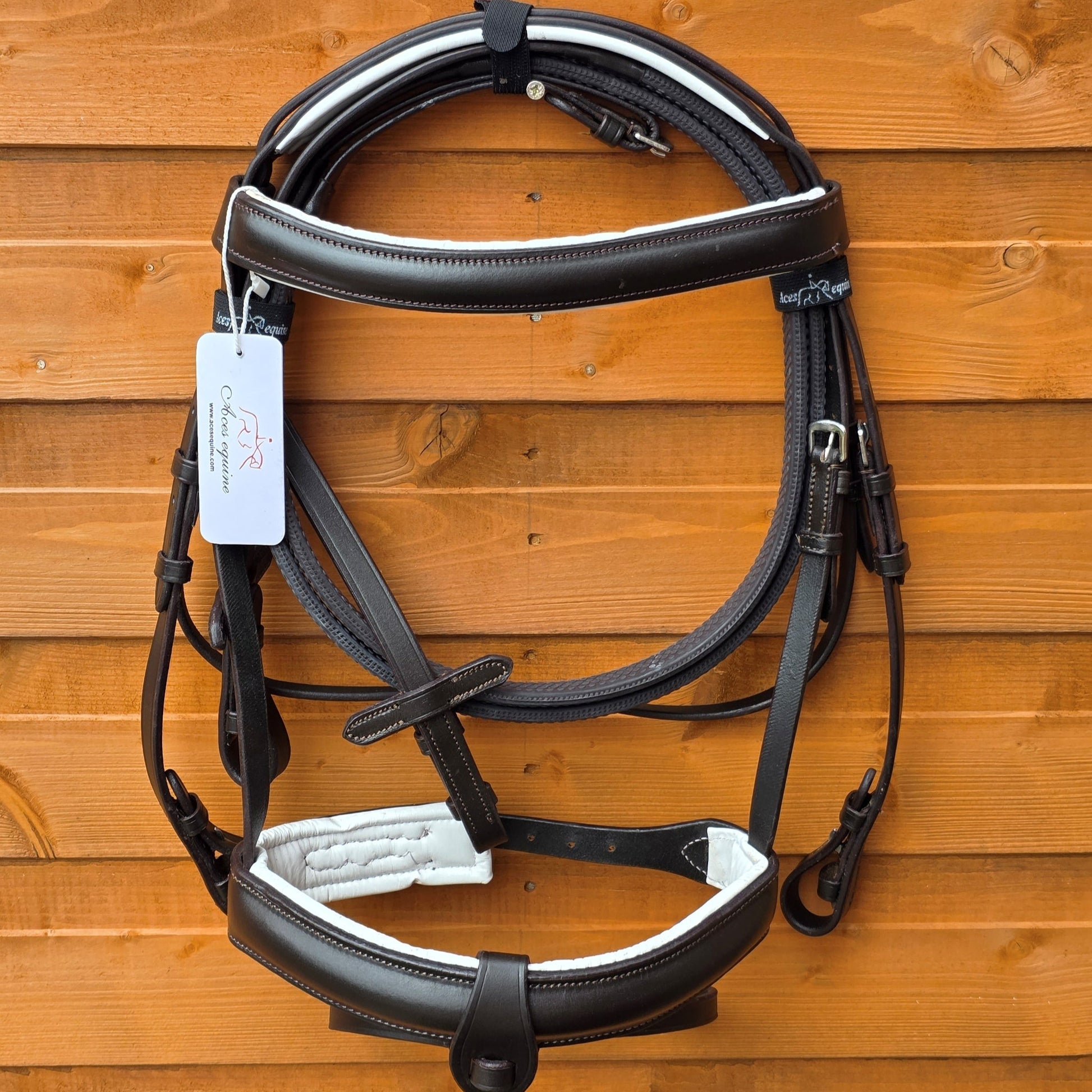 Premium Comfort Horse Bridle Black And White Padded 1.5 Inch Noseband with Rubber Grip Reins and Detachable Flash