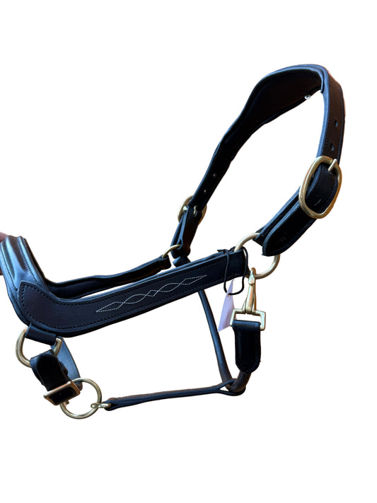Premium Leather Anatomical Horse Black Headcollar with Brass Fittings and Padding