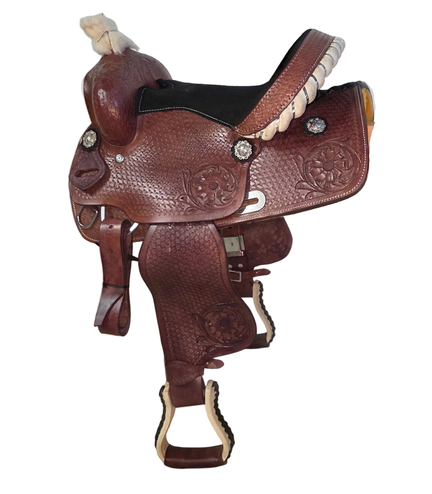Western Horse Saddle Brown Tooled Leather Black Seat With Stirrups