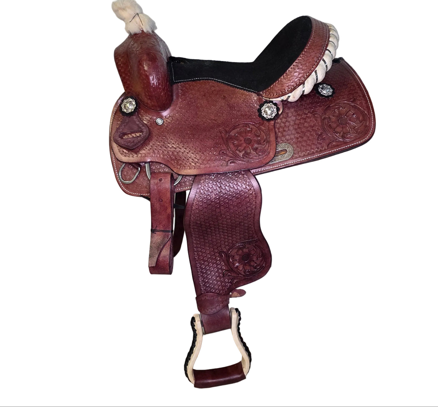 Western Horse Saddle Brown Tooled Leather Black Seat With Stirrups