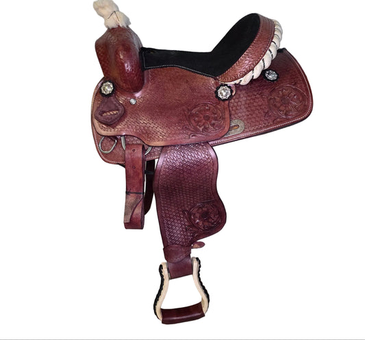 Western Horse Saddle Brown Tooled Leather Black Seat With Stirrups