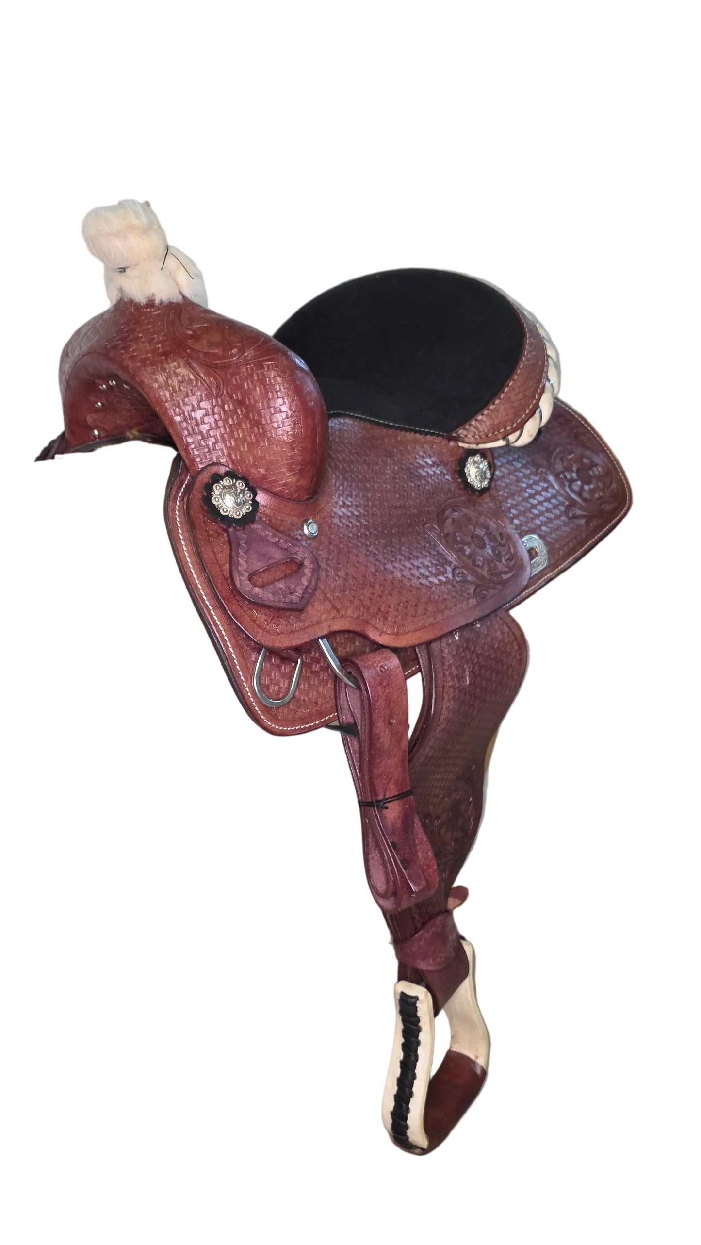 Western Horse Saddle Brown Tooled Leather Black Seat With Stirrups