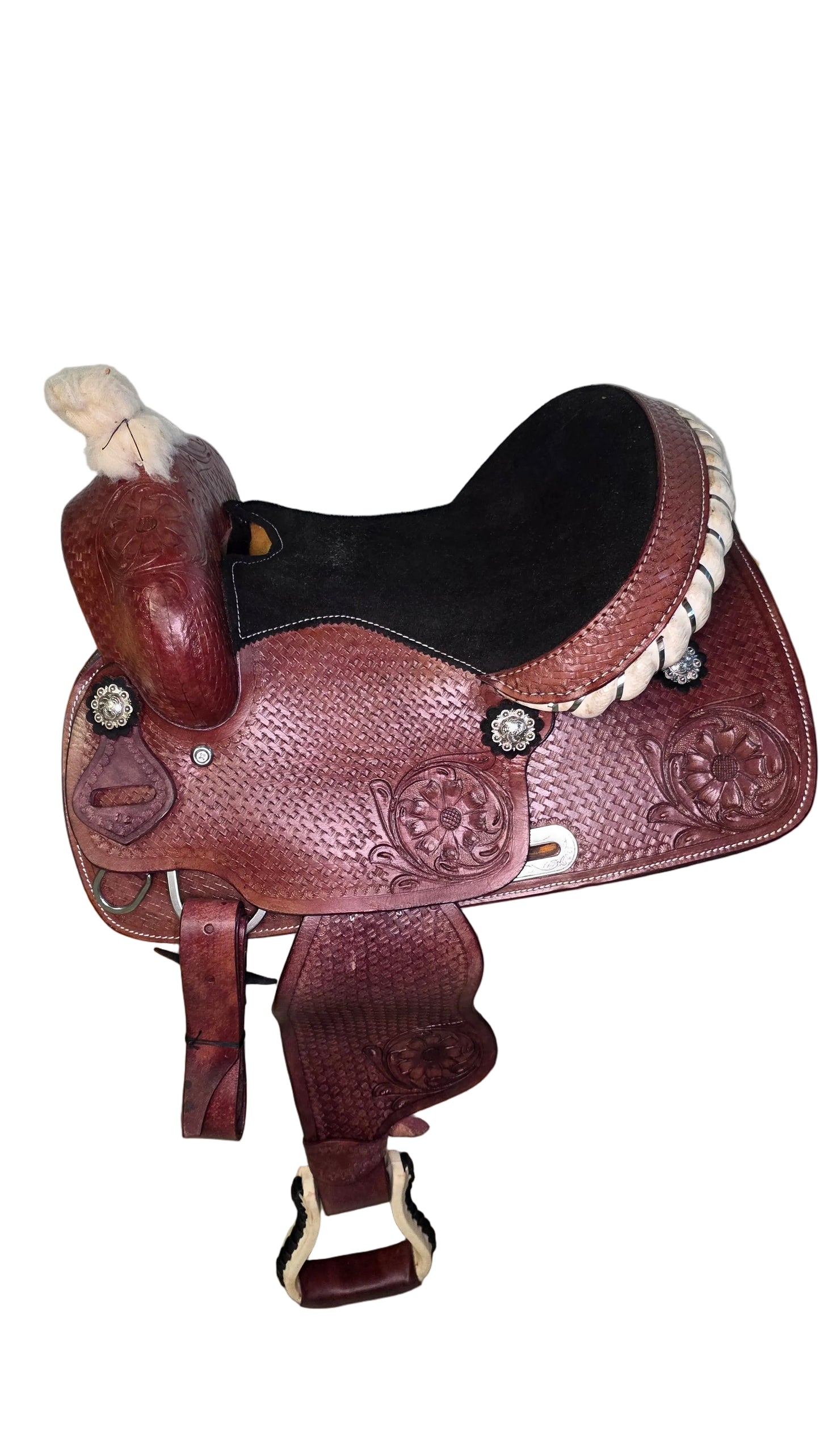 Western Horse Saddle Brown Tooled Leather Black Seat With Stirrups