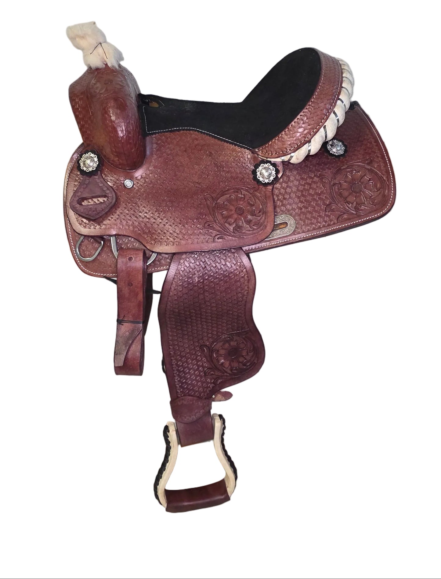 Western Horse Saddle Brown Tooled Leather Black Seat With Stirrups