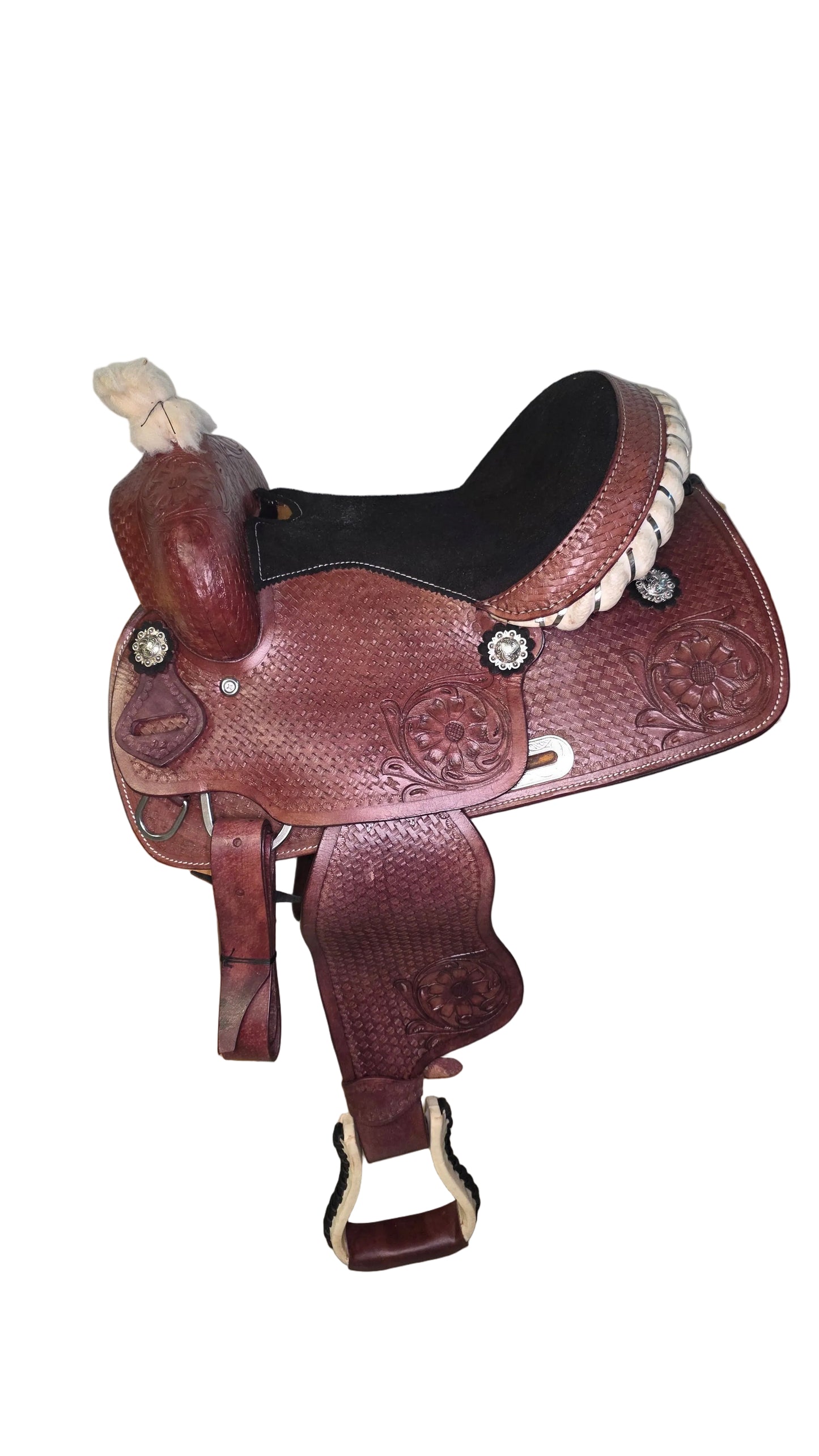 Western Horse Saddle Brown Tooled Leather Black Seat With Stirrups