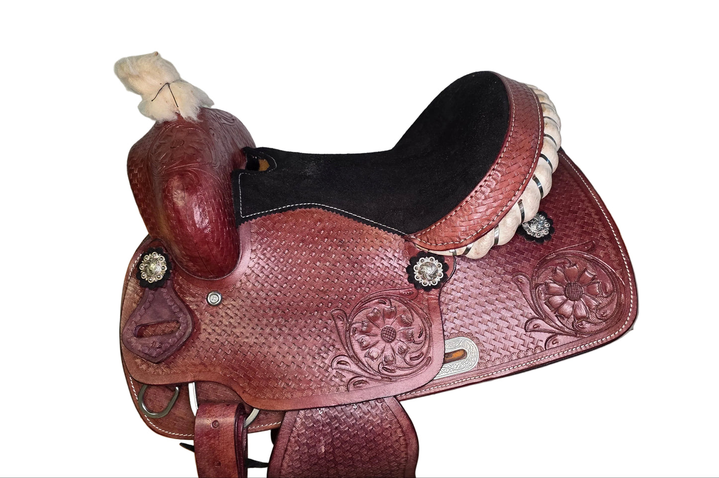Western Horse Saddle Brown Tooled Leather Black Seat With Stirrups