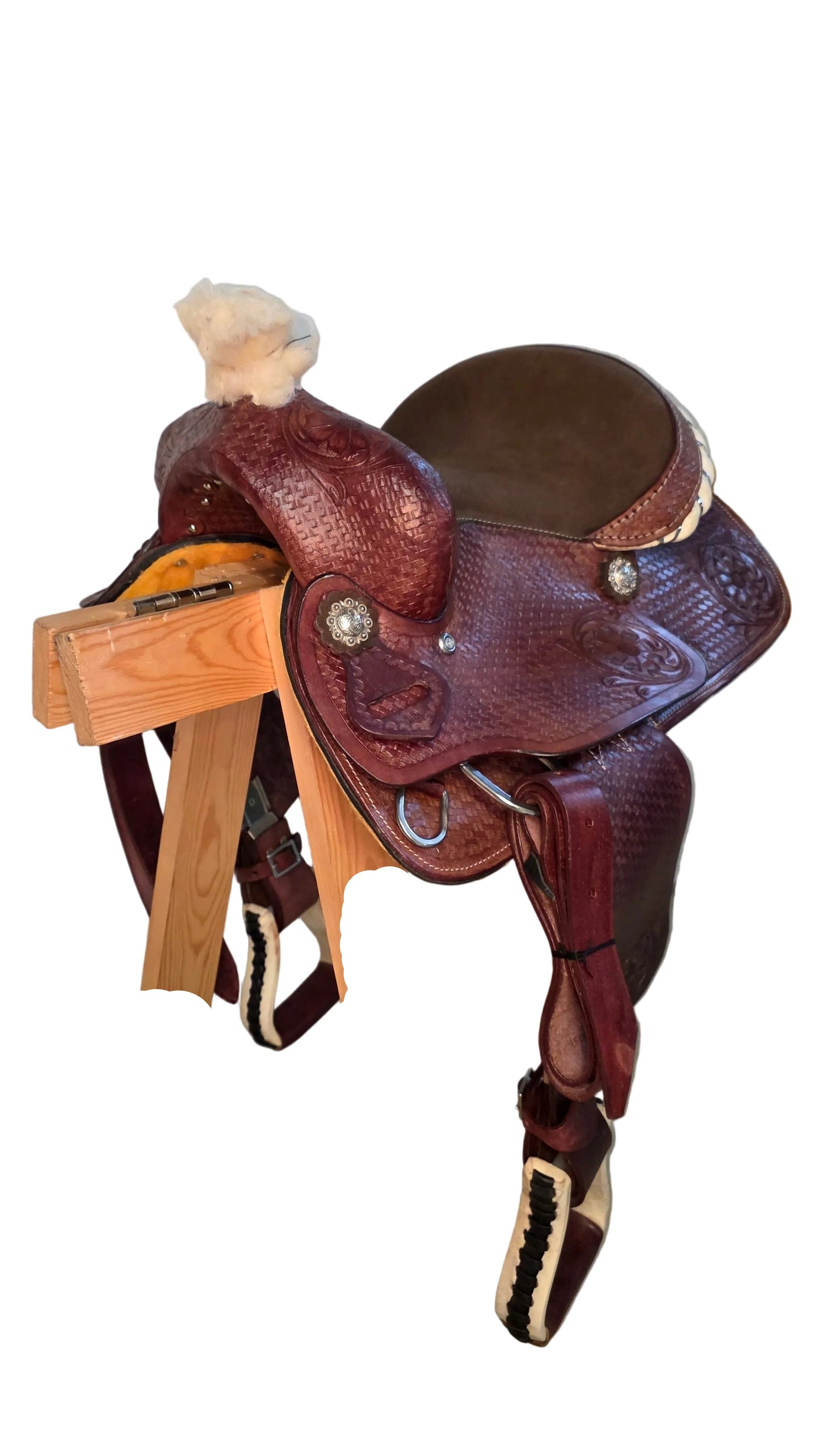 Western Horse Saddle Brown Tooled Leather Brown Seat With Stirrups