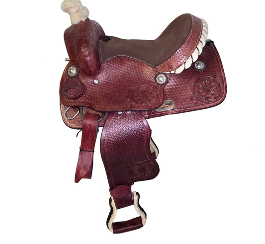 Western Horse Saddle Brown Tooled Leather Brown Seat With Stirrups