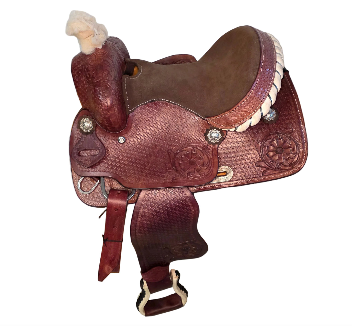 Western Horse Saddle Brown Tooled Leather Brown Seat With Stirrups