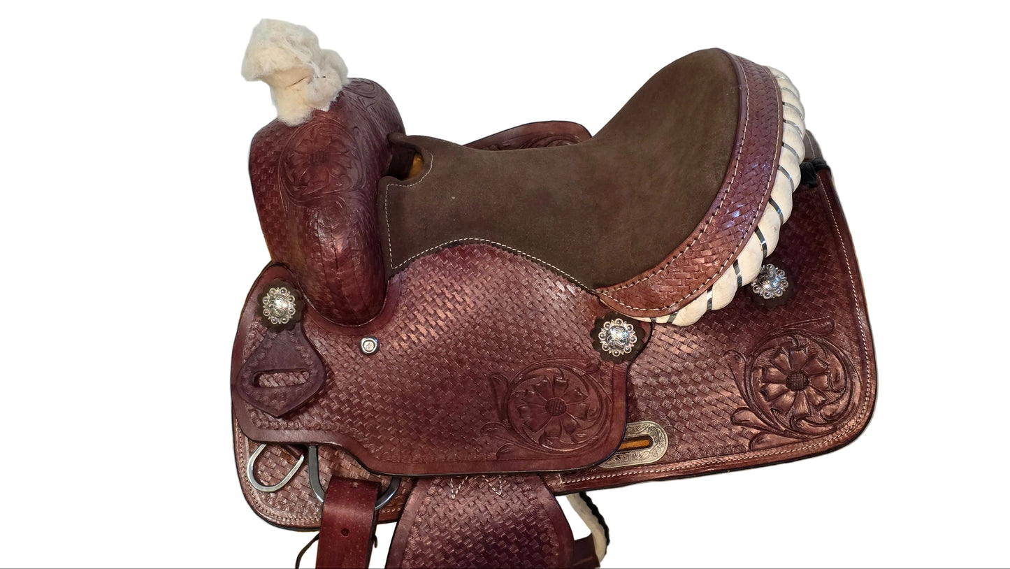 Western Horse Saddle Brown Tooled Leather Brown Seat With Stirrups