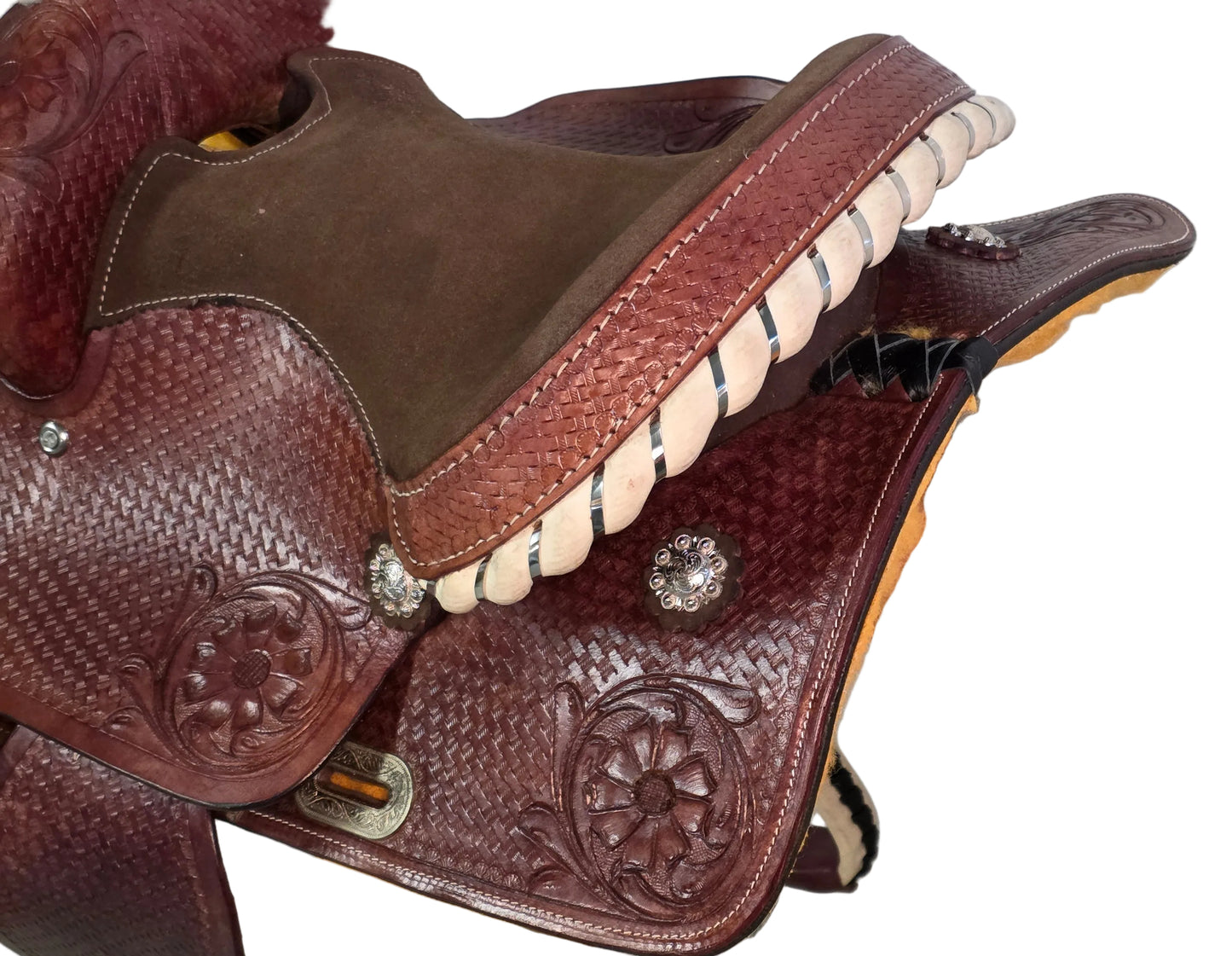 Western Horse Saddle Brown Tooled Leather Brown Seat With Stirrups