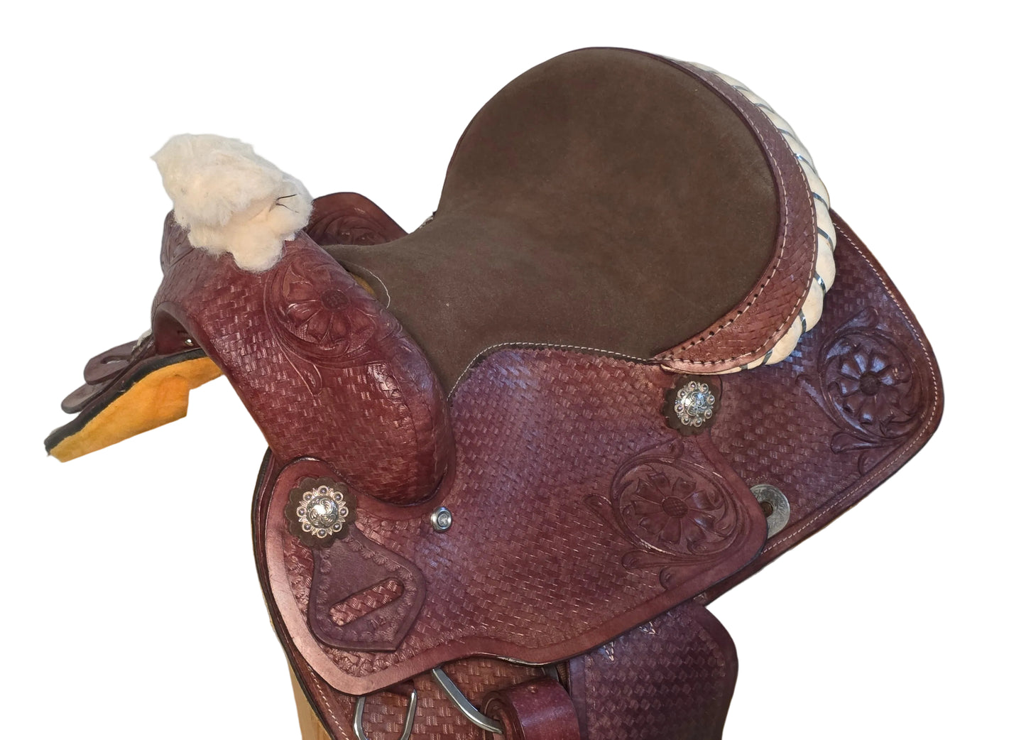 Western Horse Saddle Brown Tooled Leather Brown Seat With Stirrups